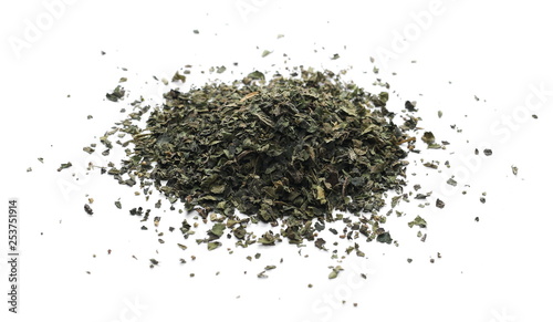 Dry, cut and sliced nettle pile, isolated on white background