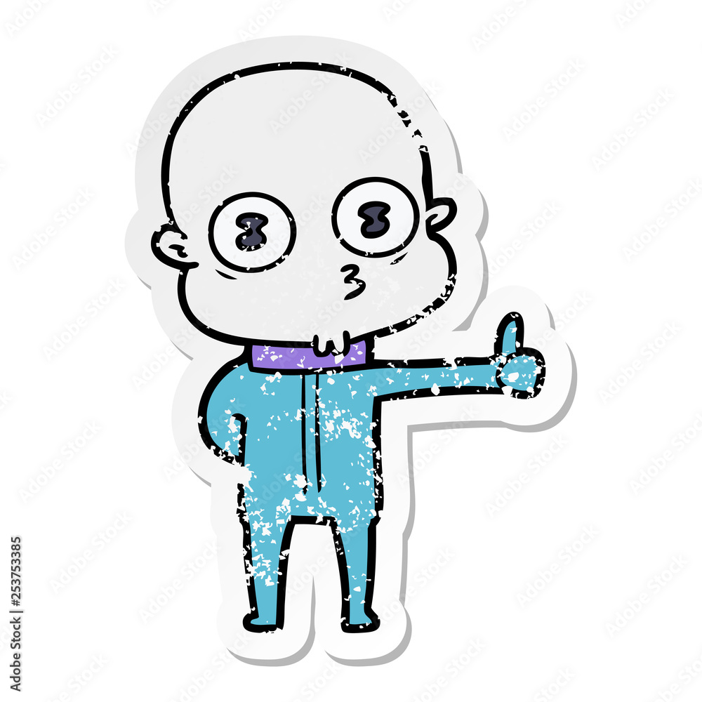 distressed sticker of a cartoon weird bald spaceman giving thumbs up distressed sticker of a cartoon weird bald spaceman giving thumbs up