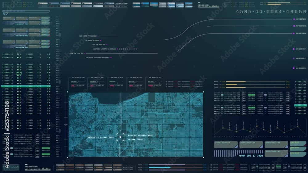 Futuristic motion graphic user interface head up display screen with digital data city map telemetry information display for digital background computer desktop display screen