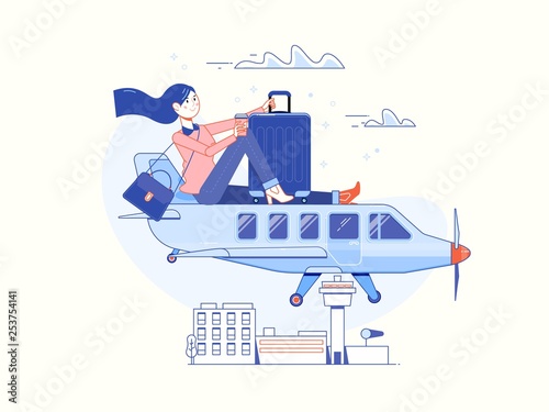 Time to Travel and Summer Holiday. Airplane Traveling template poster, badge, vector illustration.
