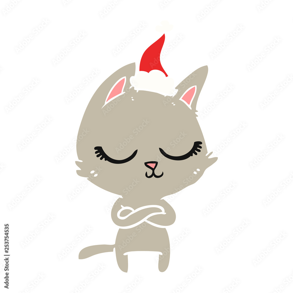 calm flat color illustration of a cat wearing santa hat calm flat color illustration of a cat wearing santa hat