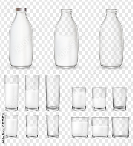 Set of realistic glasses and bottles with a milk.