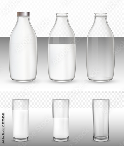 Set of realistic glasses and bottles with a milk.