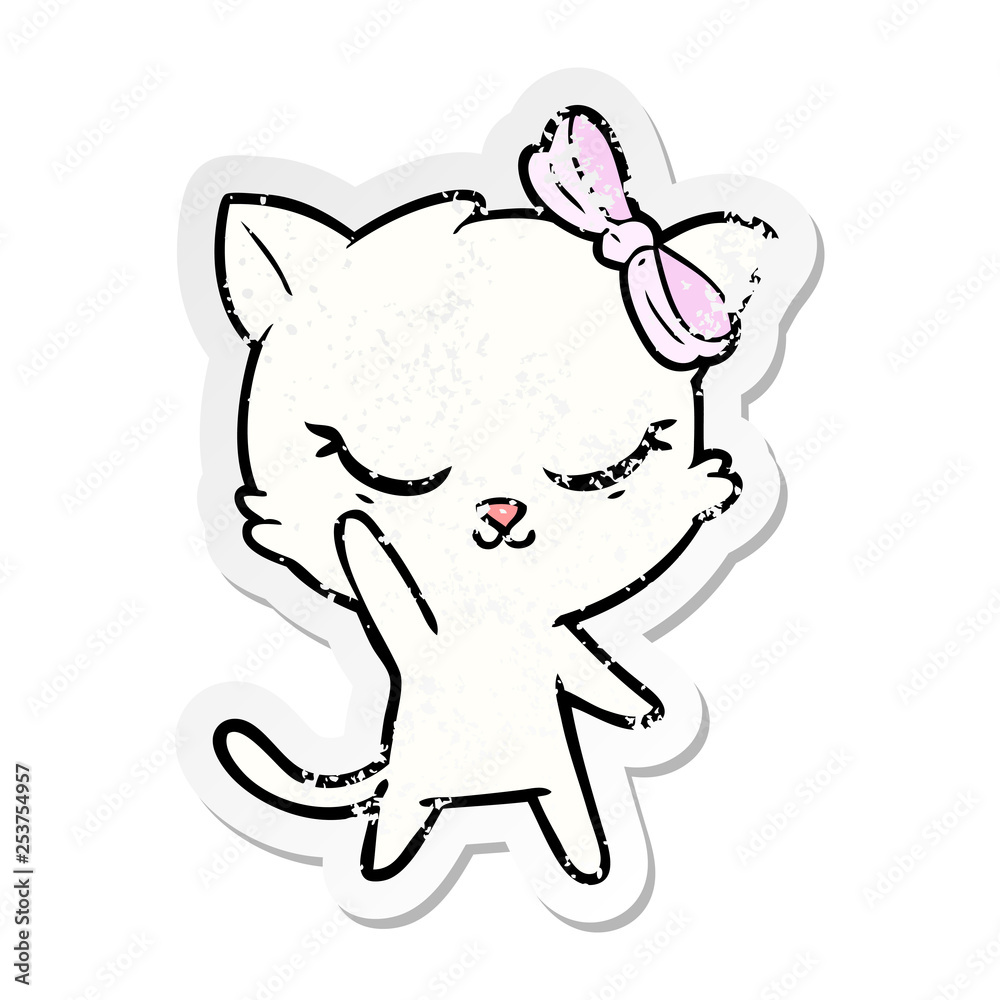 distressed sticker of a cute cartoon cat with bow distressed sticker of a cute cartoon cat with bow