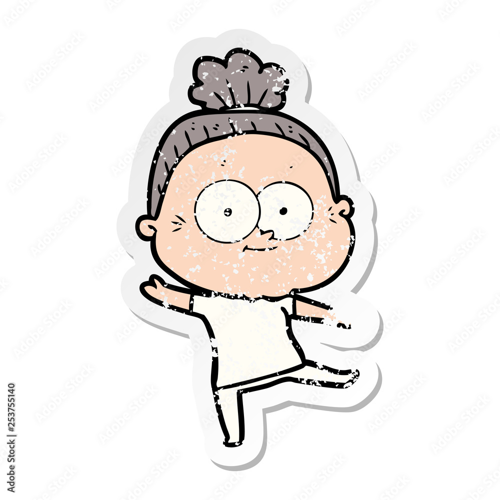 distressed sticker of a cartoon happy old woman distressed sticker of a cartoon happy old woman