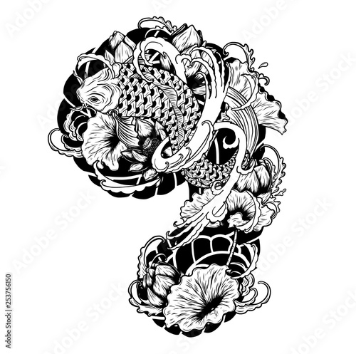 Carp fish with lotus vector tattoo by hand drawing.Beautiful fish on white background.Black and white graphics design art highly detailed in line art style.Koi fish for tattoo or wallpaper.
