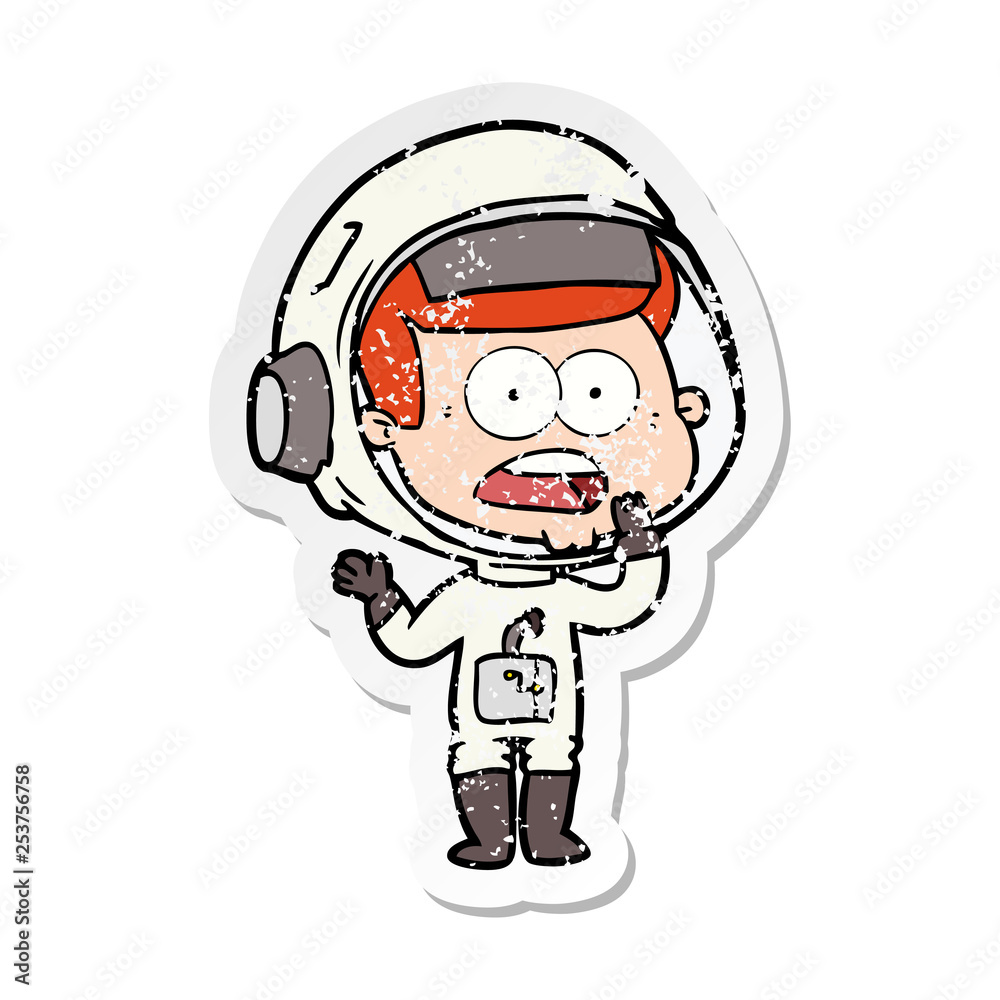 distressed sticker of a cartoon surprised astronaut