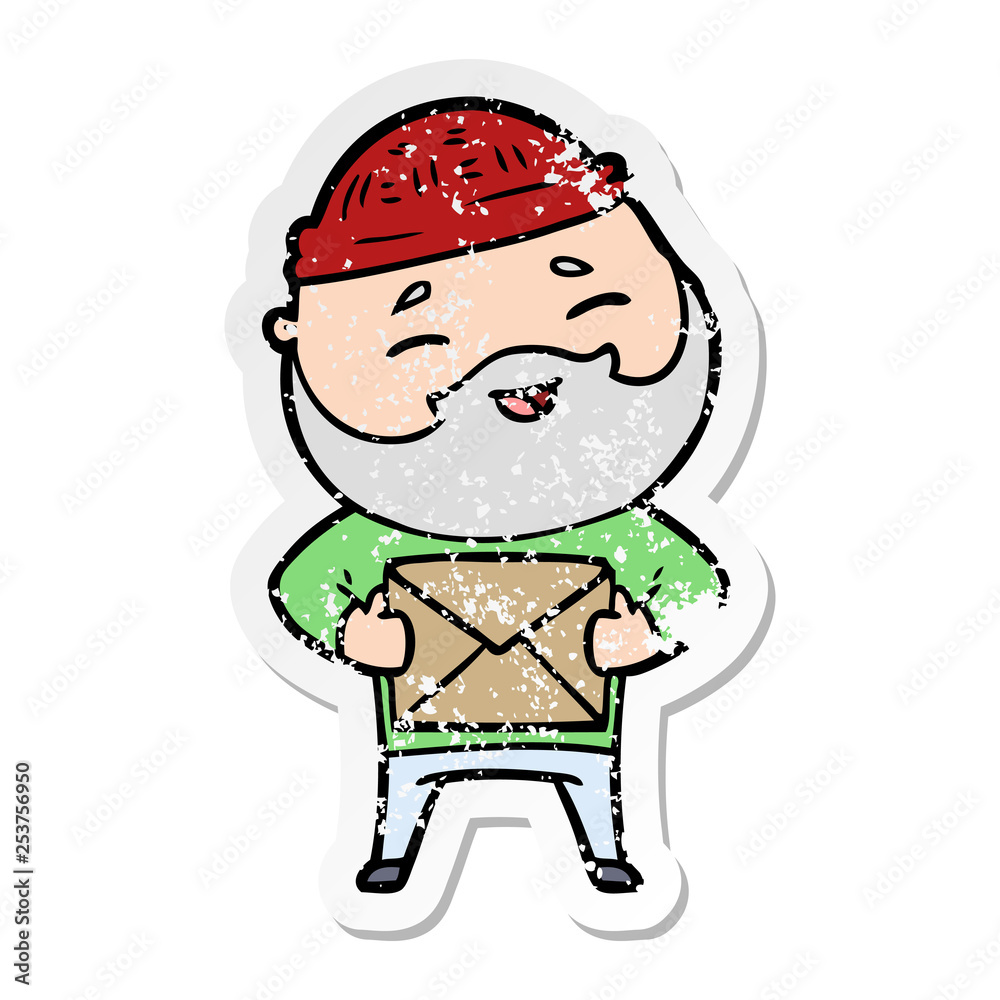 distressed sticker of a cartoon happy bearded man