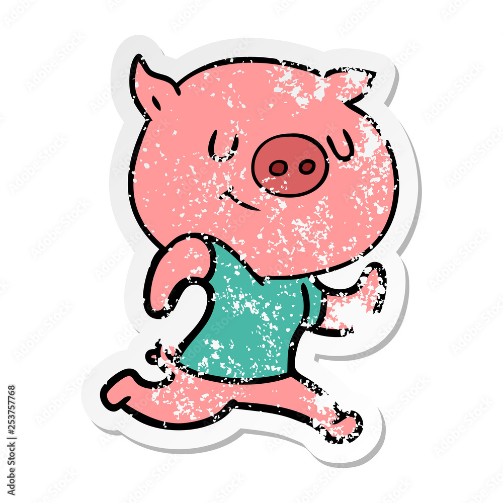 distressed sticker of a happy cartoon pig running distressed sticker of a happy cartoon pig running