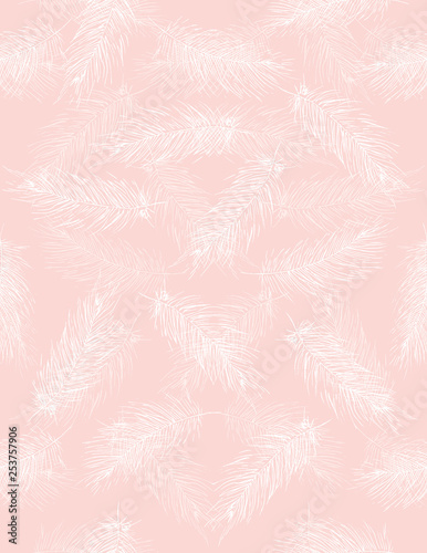 Delicate Hand Drawn Flying Feather Vector Pattern. White Feathers on a Light Pink Background. Fluffy Feathers Pastel Color Design.
