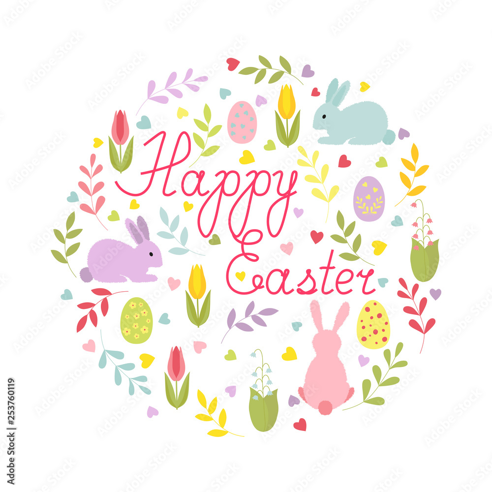 Easter card with cartoon characters and hand-written text in a round composition. Isolated colorful card. 