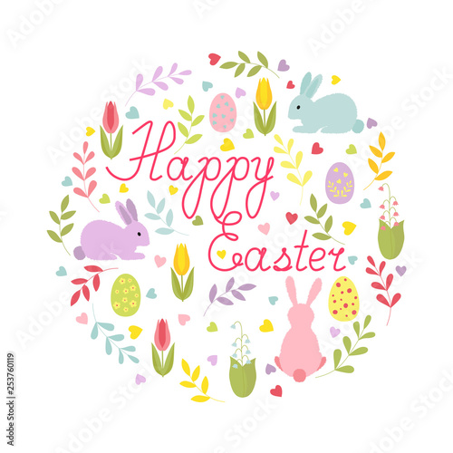 Easter card with cartoon characters and hand-written text in a round composition. Isolated colorful card. 