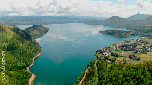 Aerial View of the volcanic Lake of Toba, Sumatra. photo