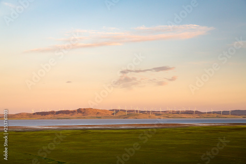 Late afternoon landscape view of Lake George and the Capital Wind Farm near Bungendore. Copy space.