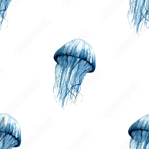 Watercolor seamless pattern with a jellyfish under the sea. Illustration on a white background.
