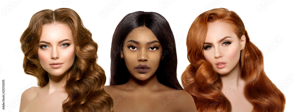 Multi-ethnic beauty. Beautiful models with healthy shiny brunette, red and dark blonde hair. Different ethnicity women. Spa girls Multi-ethnic beauty. Beautiful models with healthy shiny brunette, red and dark blonde hair. Different ethnicity women. Spa girls