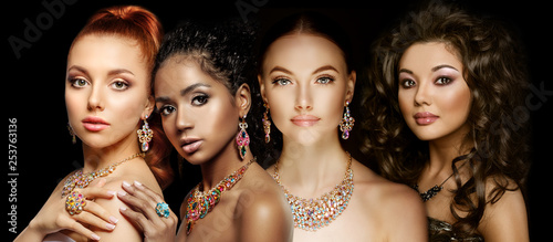 Beautiful Four models girls with set of Jewelry. Luxury girls in shine jewellry: Eearrings, Necklace, and Ring. Women in jewelry from Gold, Precious Stones, Siamonds. Beauty and accessories.