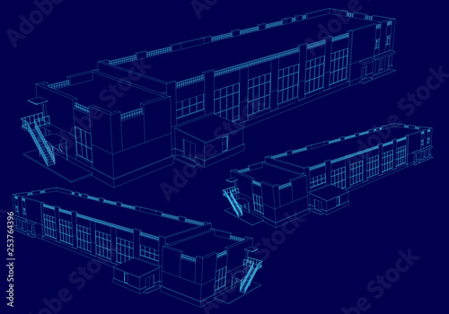 Wireframe of the building in isometric. 3D. Building with different types. Vector illustration