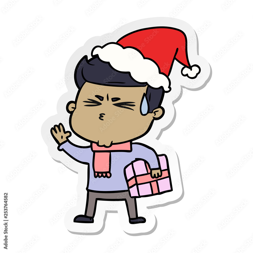 sticker cartoon of a man sweating wearing santa hat
