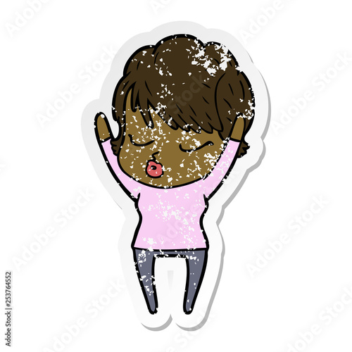 distressed sticker of a cartoon woman with eyes shut