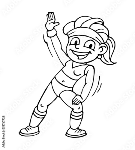 Aerobic girl in jersey practicing set, black and white clipart