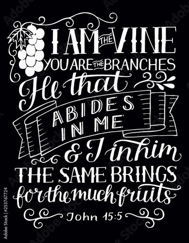 Hand lettering with bible verse I am the vine  you are the branches on black background.