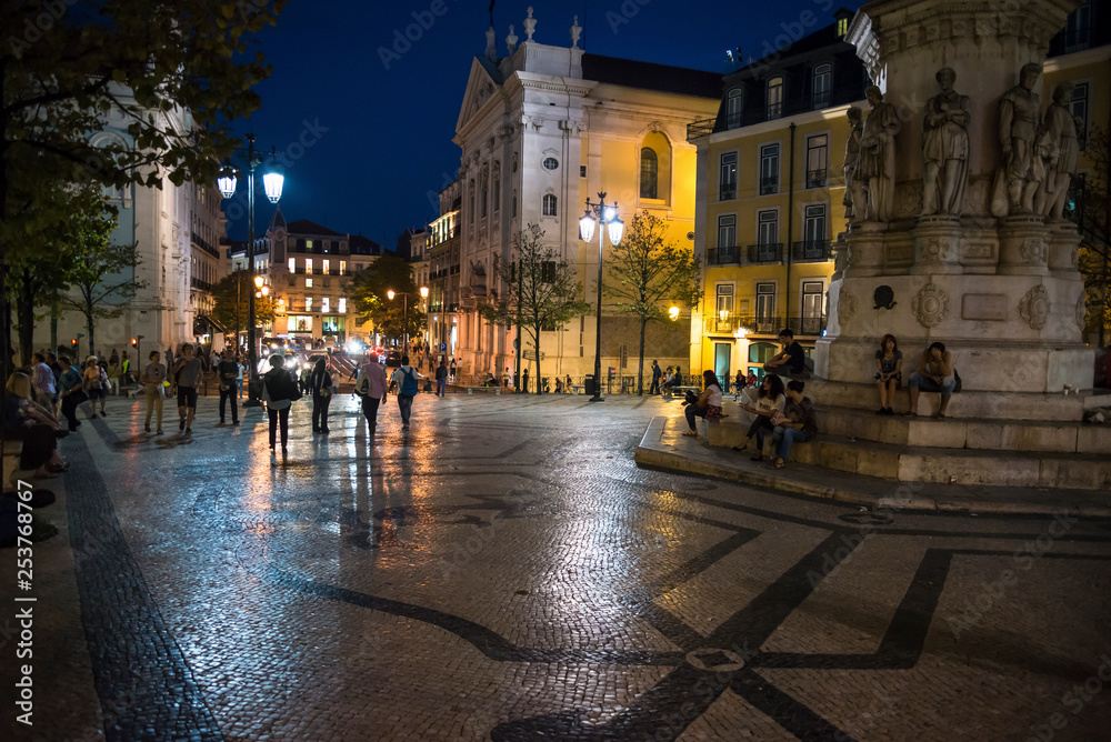 Luis de Camoes Square at night, Lisbon, Portugal