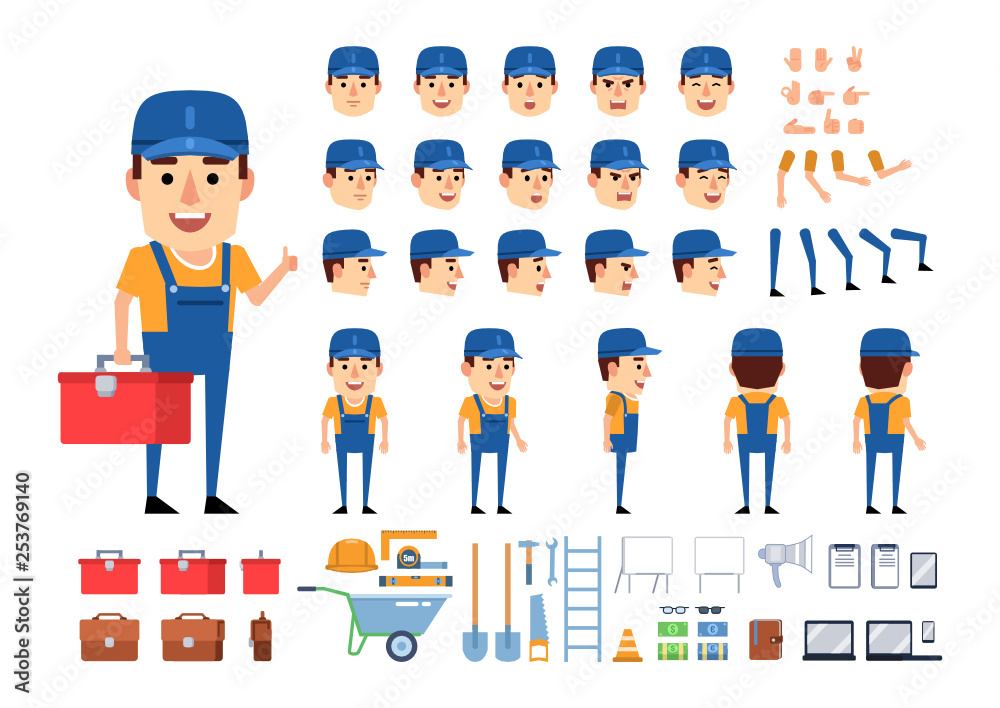 Worker, mechanic, builder creation kit. Create your own pose, action, animation. Various emotions, gestures, design elements. Flat design vector illustration