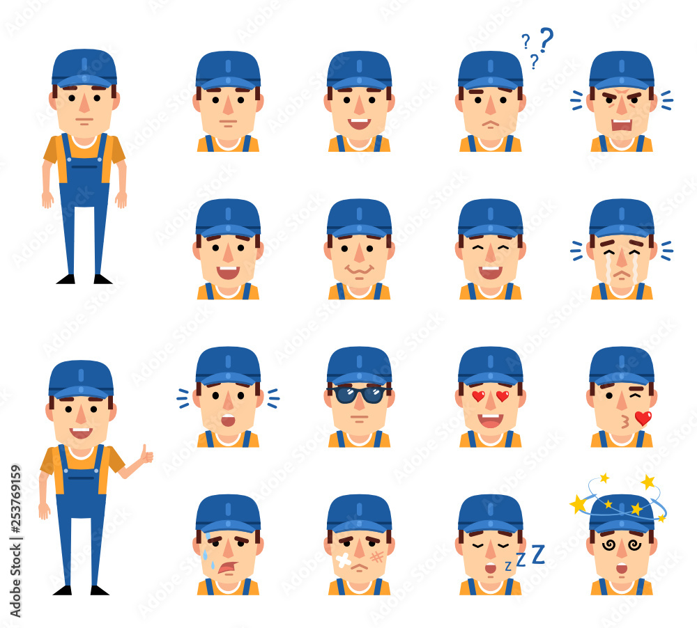 Set of mechanic, worker emoticons showing various facial expressions. Happy, sad, angry, surprised, dazed, in love and other emotions. Flat design vector illustration Set of mechanic, worker emoticons showing various facial expressions. Happy, sad, angry, surprised, dazed, in love and other emotions. Flat design vector illustration