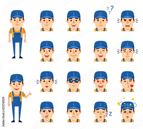 Set of mechanic, worker emoticons showing various facial expressions. Happy, sad, angry, surprised, dazed, in love and other emotions. Flat design vector illustration