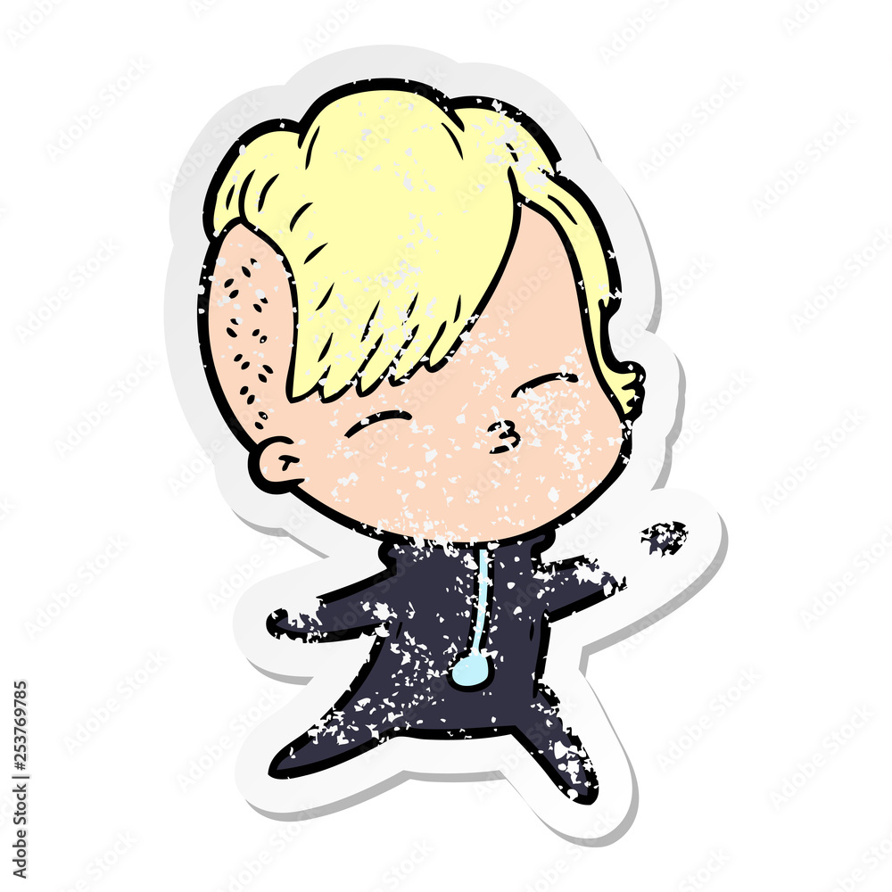 Obraz premium distressed sticker of a cartoon squinting girl