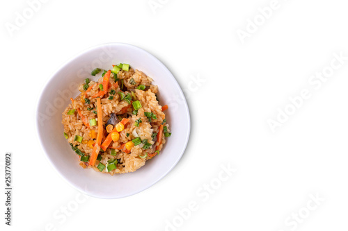 japanese food on a wooden table, fried rice with vegetables. Asian/Japanese food. Top view