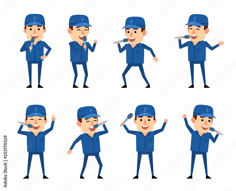 Set of workman characters with microphone showing various actions. Funny worker singing. Flat design vector illustration Set of workman characters with microphone showing various actions. Funny worker singing. Flat design vector illustration