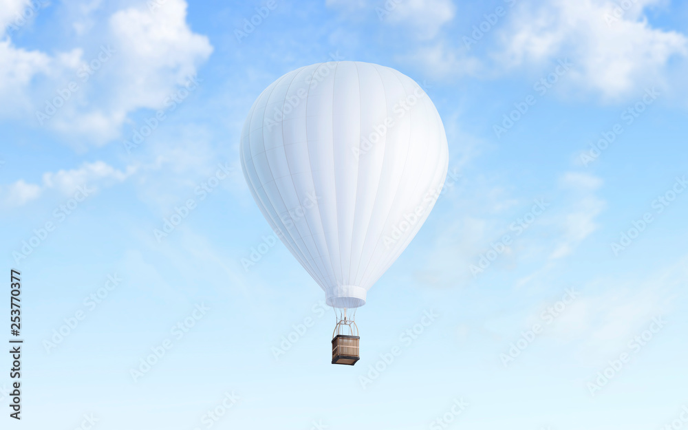 Fototapeta premium Pusty biały balon z gorącym powietrzem makieta na tle nieba, renderowania 3d. Pusta sterowiec leci w niebie naśmiewać się. Przezroczysty sterowiec z koszem i torbą na gaz do wyprawy
