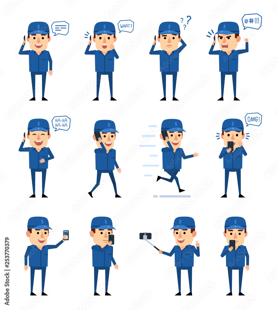 Set of workman characters with phone posing in various situations. Funny worker talking on phone, surprised, angry, running, walking and showing other actions. Flat design vector illustration Set of workman characters with phone posing in various situations. Funny worker talking on phone, surprised, angry, running, walking and showing other actions. Flat design vector illustration