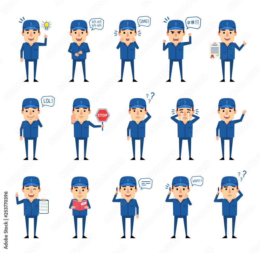 Set of auto mechanic characters showing various actions, emotions. Funny workman talking on phone, reading book, angry and showing other actions. Flat design vector illustration