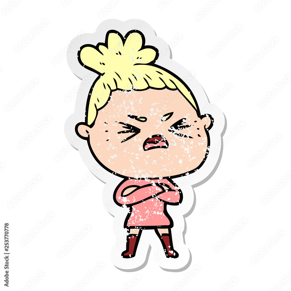 distressed sticker of a cartoon angry woman distressed sticker of a cartoon angry woman
