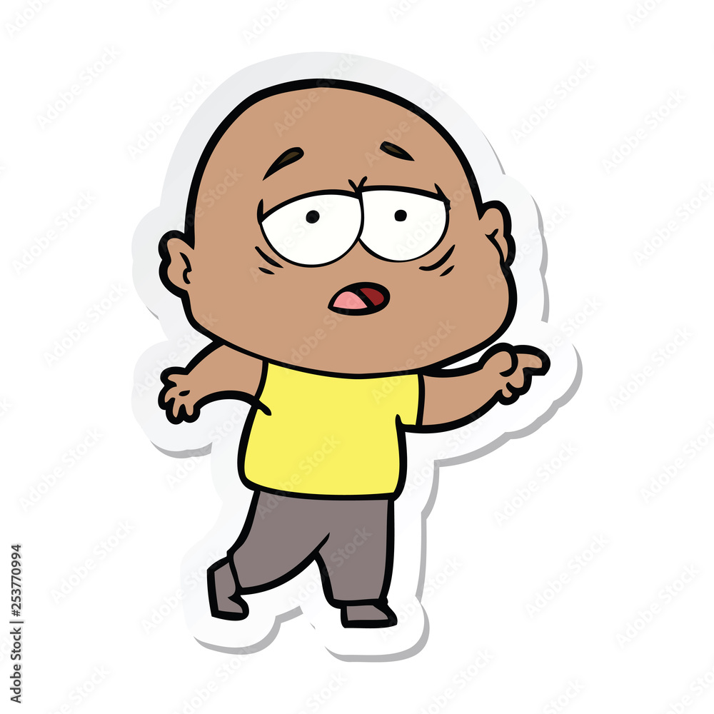 sticker of a cartoon tired bald man