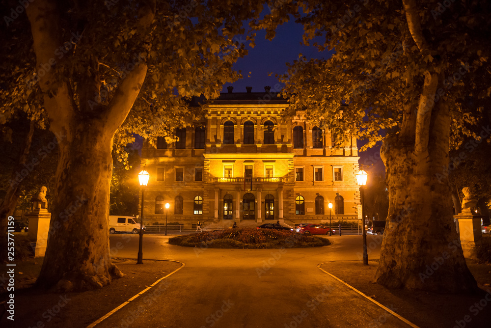 Zrinjevac park and Croatian Academy of Sciences and Arts at night, Zagreb, Croatia