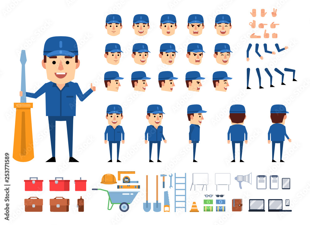 Worker, mechanic, builder in blue uniform creation kit. Create your own pose, action, animation. Various emotions, gestures, design elements. Flat design vector illustration Worker, mechanic, builder in blue uniform creation kit. Create your own pose, action, animation. Various emotions, gestures, design elements. Flat design vector illustration