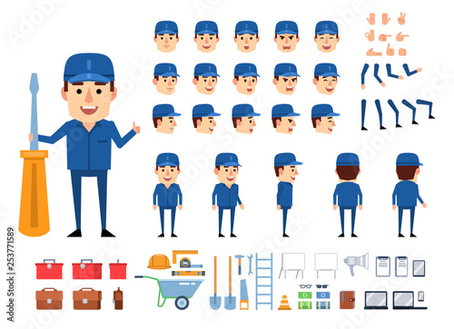 Worker, mechanic, builder in blue uniform creation kit. Create your own pose, action, animation. Various emotions, gestures, design elements. Flat design vector illustration