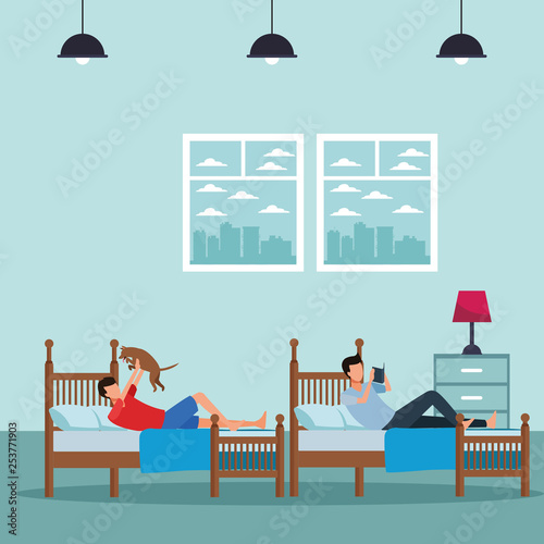 twin bed room and faceless people