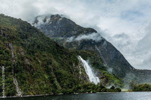 Cloudy and rainy day at Milford Sound  South Island  New Zealand