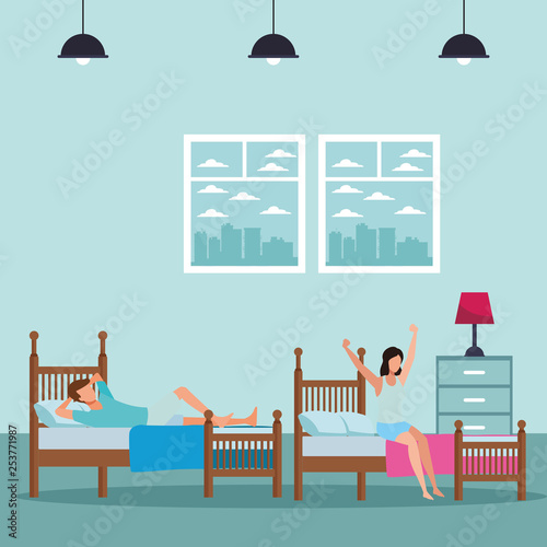 twin bed dormitory and faceless people