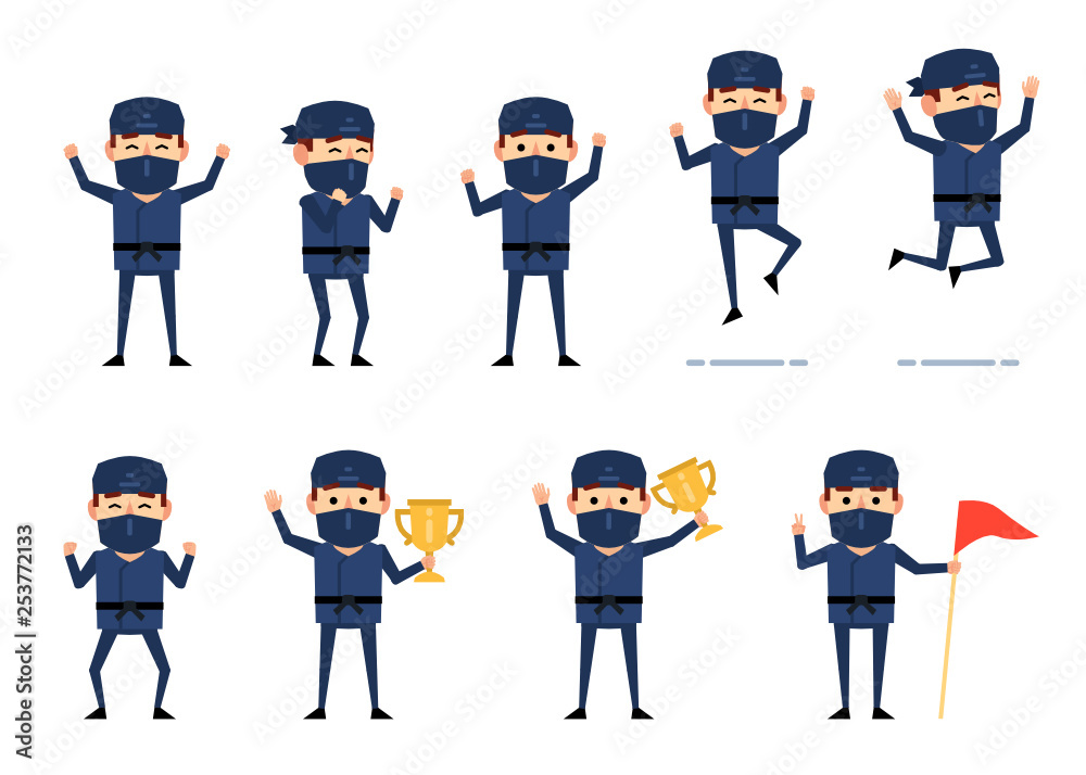 Set of ninja characters showing various success poses and actions. Funny ninja jumping, celebrating, holding winners cup and showing other actions. Flat design vector illustration