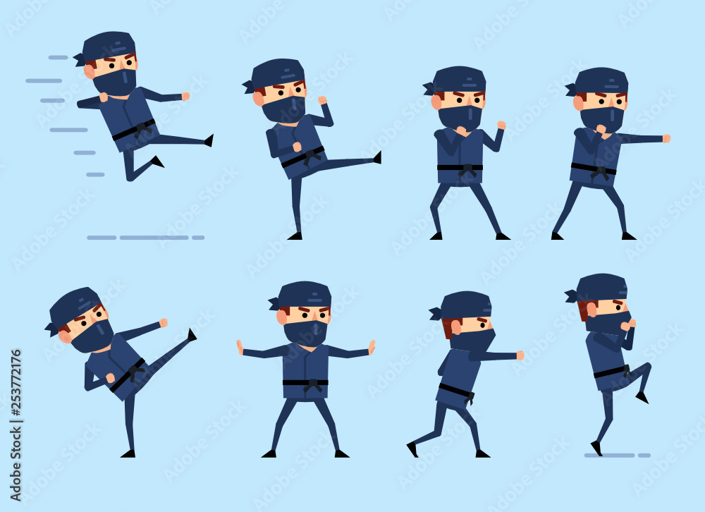 Set of ninja characters showing various fight actions. Ninja punching, kicking, jumping and showing other actions. Flat design vector illustration