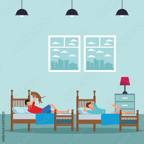 twin bed room and faceless people