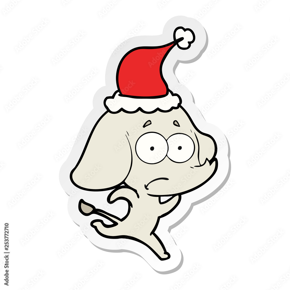 sticker cartoon of a unsure elephant running away wearing santa hat sticker cartoon of a unsure elephant running away wearing santa hat