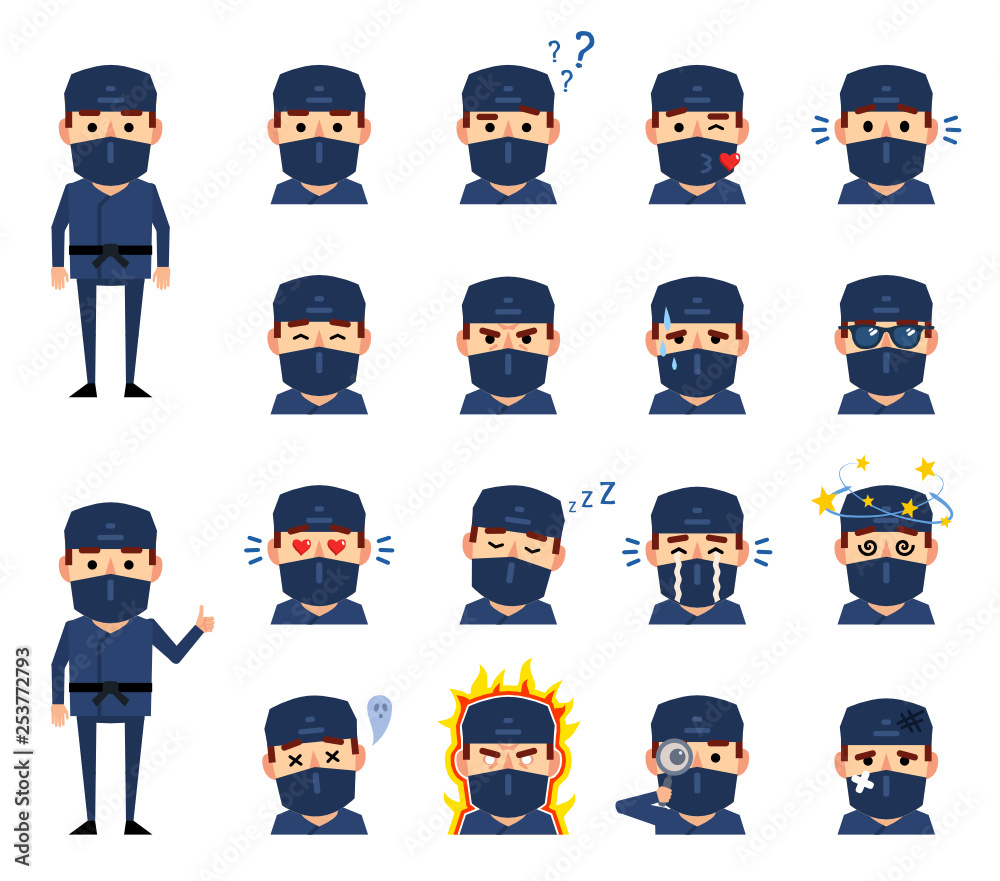 Set of ninja emoticons showing various facial expressions. Happy, sad, angry, dazed, in love, surprised, sleepy and other emotions. Flat design vector illustration