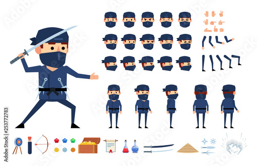 Ninja in dark suit creation kit. Create your own pose, action, animation. Various emotions, gestures, design elements. Flat design vector illustration